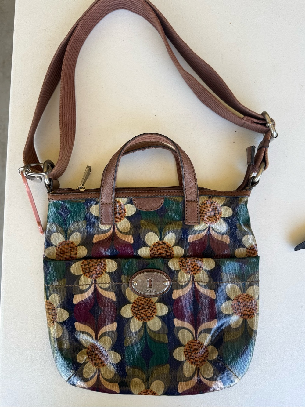 Fossil Multicolor Floral Print Crossbody Bag with Brown Trim